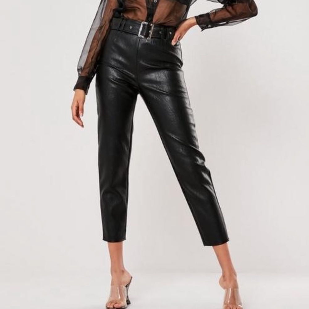 Black faux leather buckle belt trousers